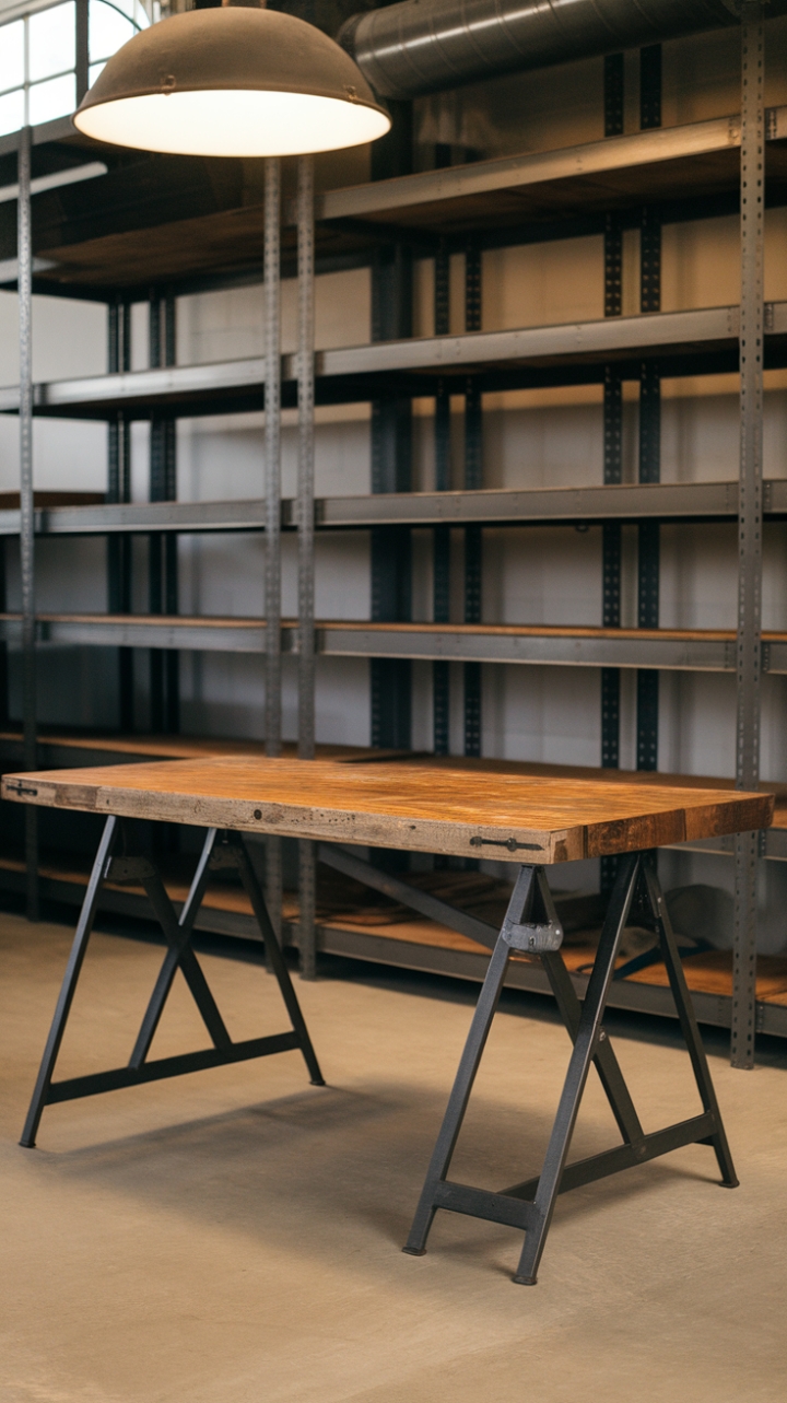 Ready to revamp your workspace? This minimalist industrial desk, boasting a reclaimed wood top and sturdy steel frame, is the perfect blend of rustic charm and modern functionality. Its vintage work table style adds character, while the industrial setting—complete with metal shelving and a dramatic light fixture—creates an inspiring atmosphere.