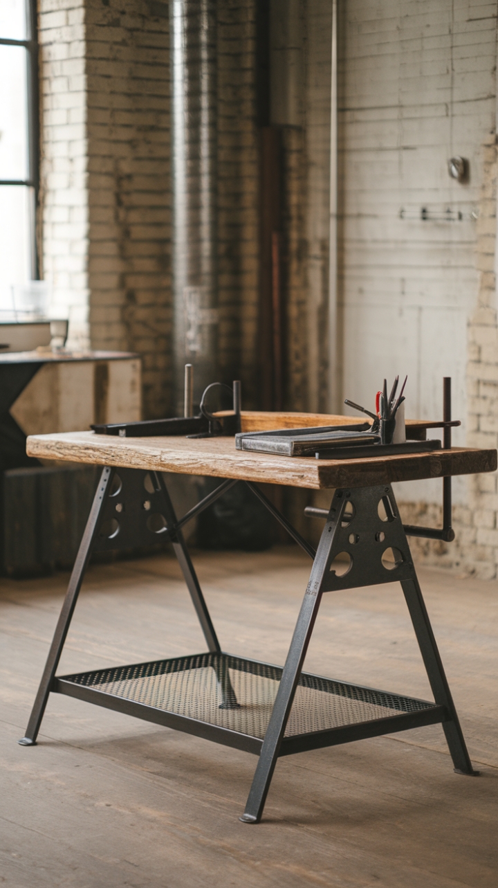 A symphony of steel and wood: This minimalist industrial work table commands attention in its raw, reclaimed glory. Set against the backdrop of exposed brick and industrial piping, it's a testament to the beauty of imperfection. The perfect blend of vintage charm and modern functionality, this piece is the cornerstone of a workspace that's both inspiring and undeniably stylish.