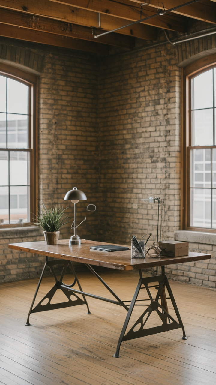 Ready to infuse your space with raw, urban cool? This vintage industrial office table, a testament to time's gentle hand, commands attention with its aged wooden top and sturdy steel frame. Scratches and stains tell a story of creativity and hard work, perfectly complementing the exposed brick and wooden beams of this minimalist loft. A touch of greenery and a warm desk lamp add the finishing touches to this perfectly imperfect workspace.