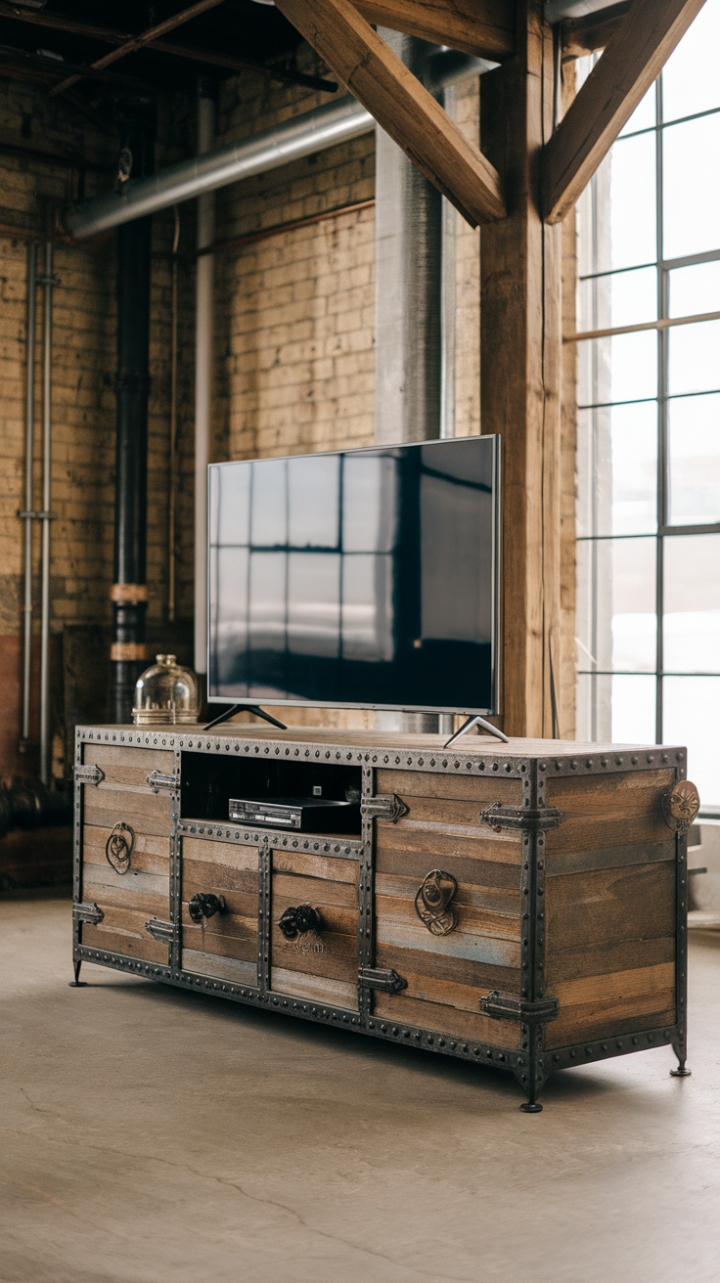 Ready to bring raw, industrial cool into your living space? This vintage media console, with its distressed wood and striking metal accents, is the perfect blend of rugged charm and refined style. The rustic warehouse backdrop—exposed brick, aged wood beams, and vintage pipes—only enhances its captivating allure. Imagine movie nights bathed in the warm glow of the mounted TV, a scene as captivating as the console itself.