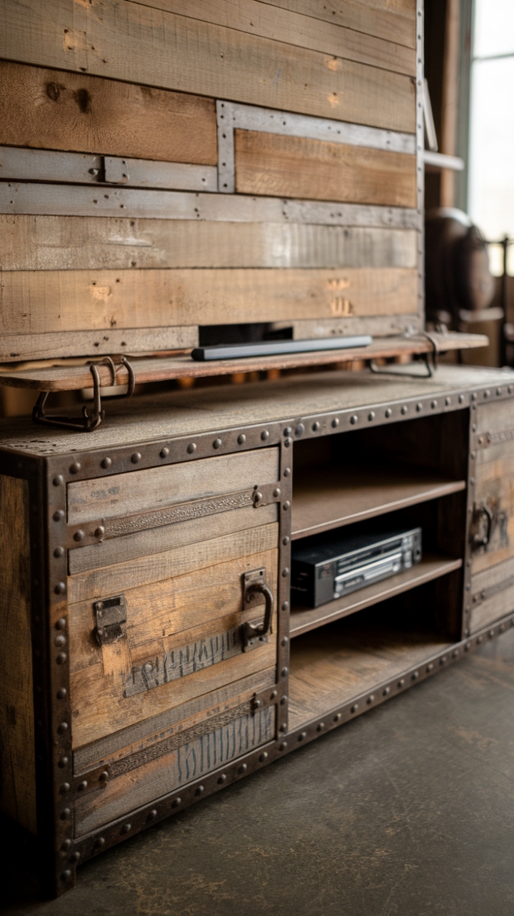 Ready to infuse your space with raw, rustic charm? This vintage industrial media console, a masterpiece of distressed wood and sturdy metal, is the perfect blend of rugged and refined. Its visible wood grain, exposed bolts, and multiple shelves offer both style and functionality, making it ideal for showcasing your favorite décor and tech. The warehouse-chic aesthetic seamlessly integrates into any rustic setting.