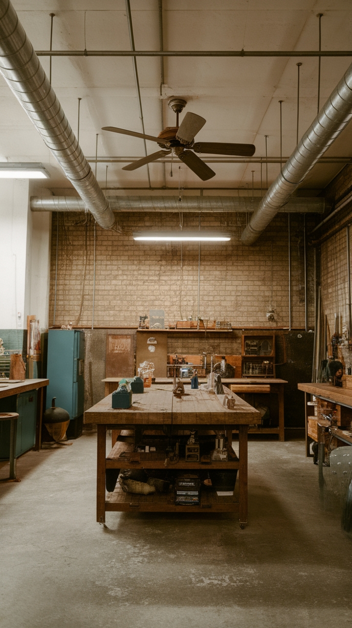 Imagine crafting your next masterpiece in this inspiring haven. A vintage industrial aesthetic reigns supreme, with a large wooden workbench taking center stage amidst exposed brick walls and a symphony of industrial pipes overhead. The concrete floor grounds the space, while a nostalgic ceiling fan adds a touch of character, making this more than just a workshop—it's a statement.