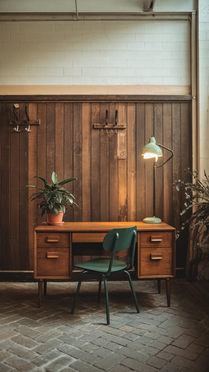 Mid-century modern meets industrial chic in this captivating home office. A rich palette of wood and brick grounds the space, while a vibrant green chair and potted plant inject a playful energy. The vintage desk lamp casts a warm glow, perfect for late-night brainstorming sessions. This is where work meets inspiration.