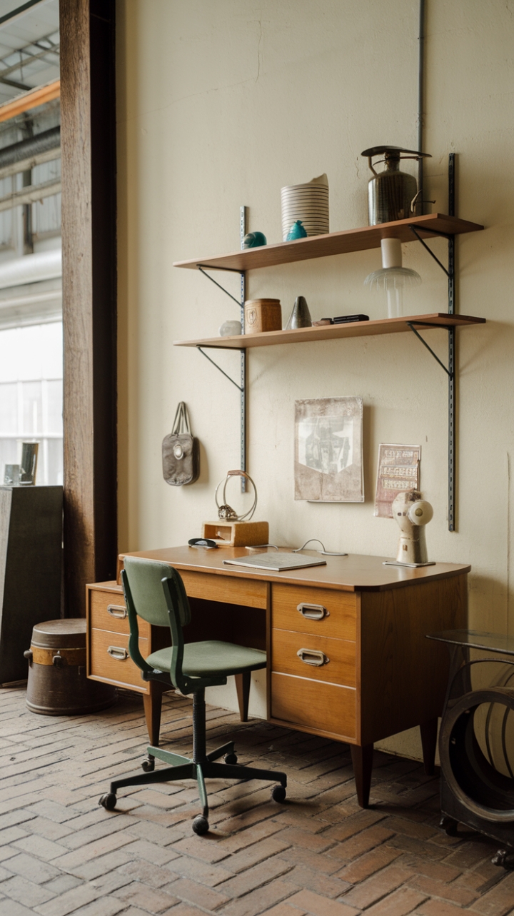 Mid-century cool meets industrial edge in this captivating space. A vintage wooden desk, paired with a vibrant green chair, anchors the scene against a backdrop of exposed brick and a sprawling open plan. The curated collection of vintage finds adds character and personality, creating a workspace that's both stylish and functional.