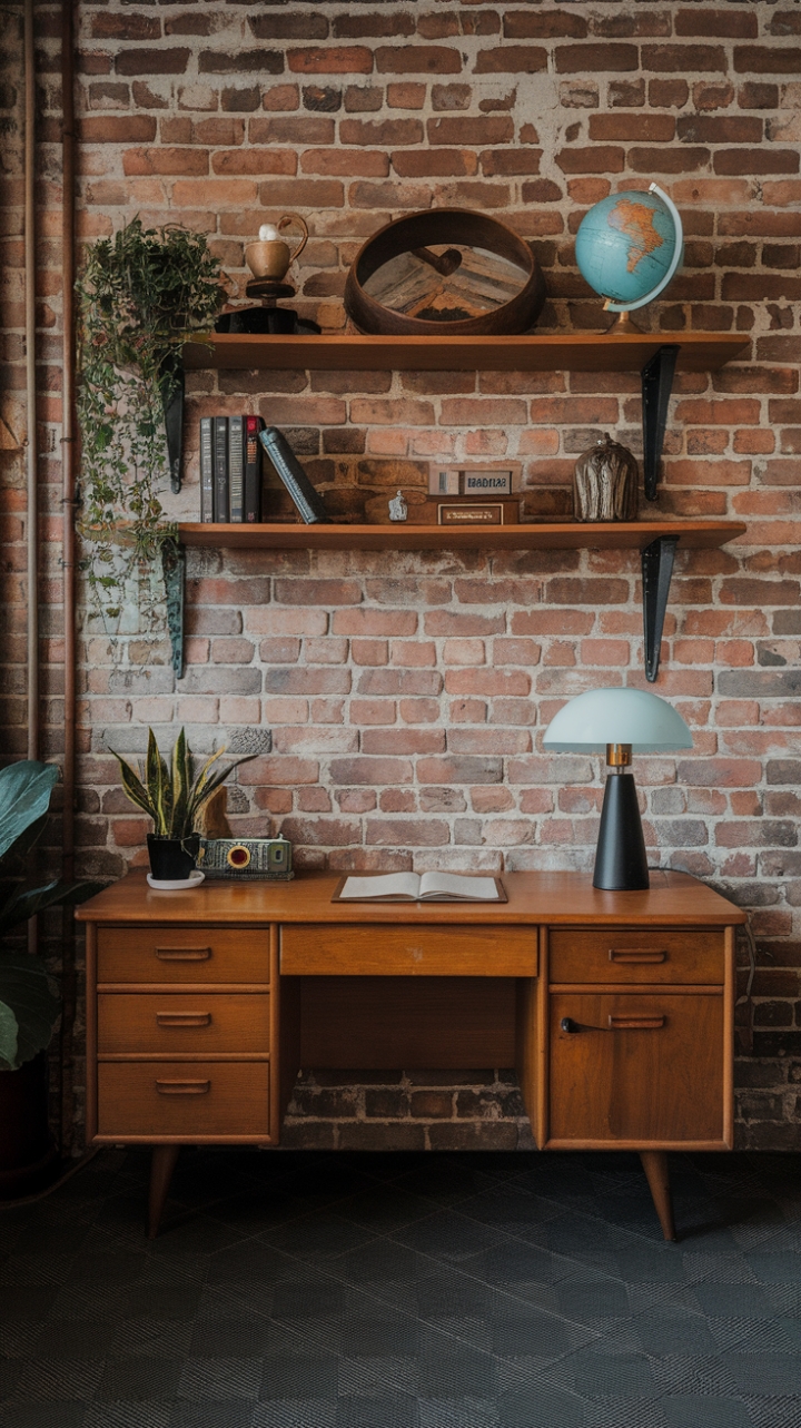 Imagine crafting your next masterpiece in this stunning room! Exposed brick, a playful checkerboard floor, and a curated collection of retro finds create a vibrant and inspiring atmosphere. The mid-century modern desk, complete with its vintage lamp, is the perfect spot to unleash your inner designer.