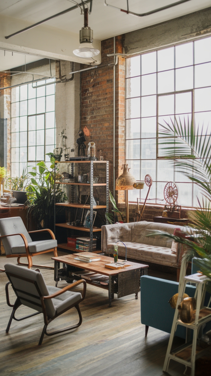 Imagine waking up in this urban sanctuary. High ceilings and expansive windows flood the space with natural light, highlighting the rich textures of reclaimed wood furniture and the character of exposed brick walls. A curated collection of vintage industrial finds, from the factory-style pendant to a quirky steampunk lamp, adds a touch of playful history to this effortlessly chic loft.