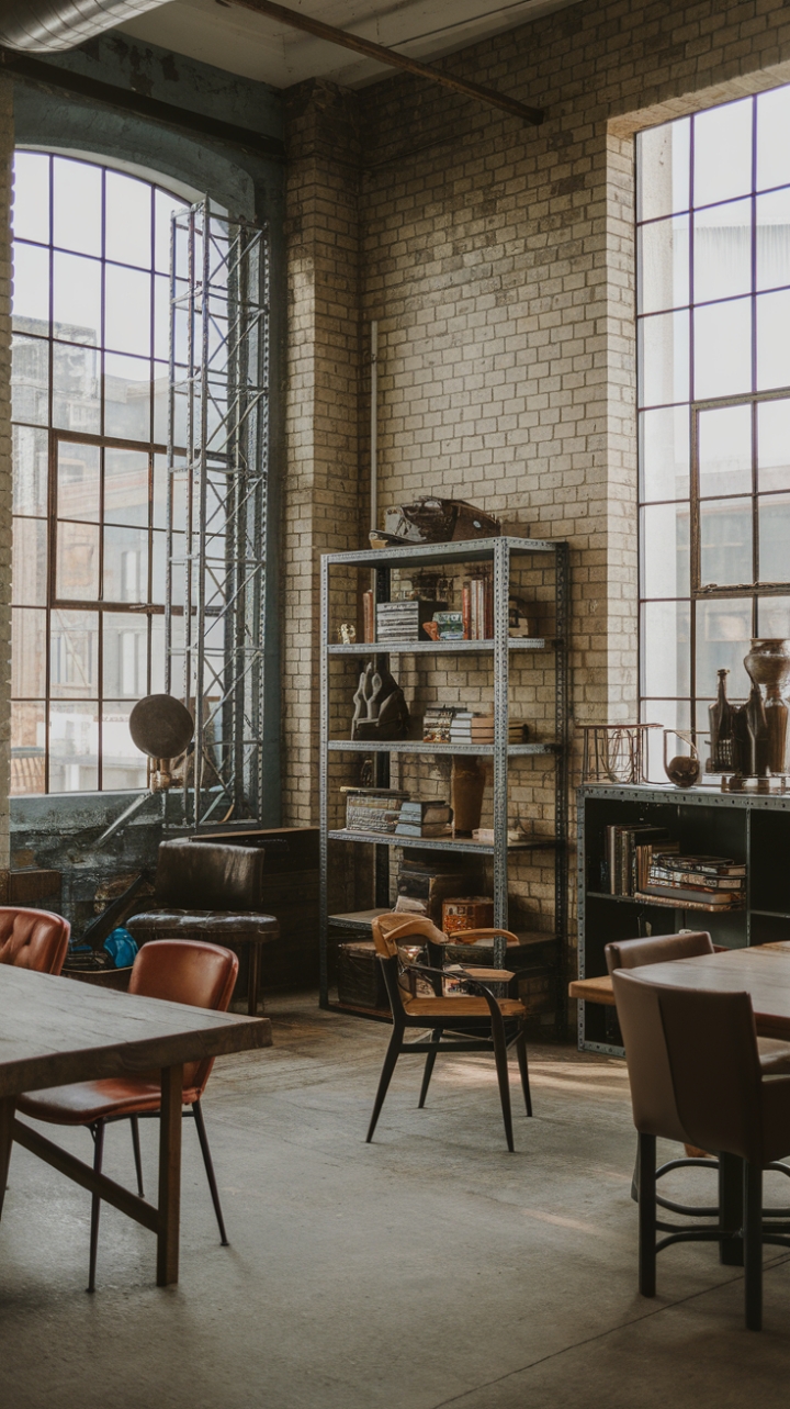Exposed brick whispers tales of the past in this captivating industrial loft. A curated collection of furniture, from a sturdy wooden table to a thoughtfully styled bookshelf, inhabits a space defined by raw materials and natural light. The high ceilings and expansive windows create an airy atmosphere, while the concrete floor and metal accents add a touch of rugged sophistication. This is industrial chic redefined.