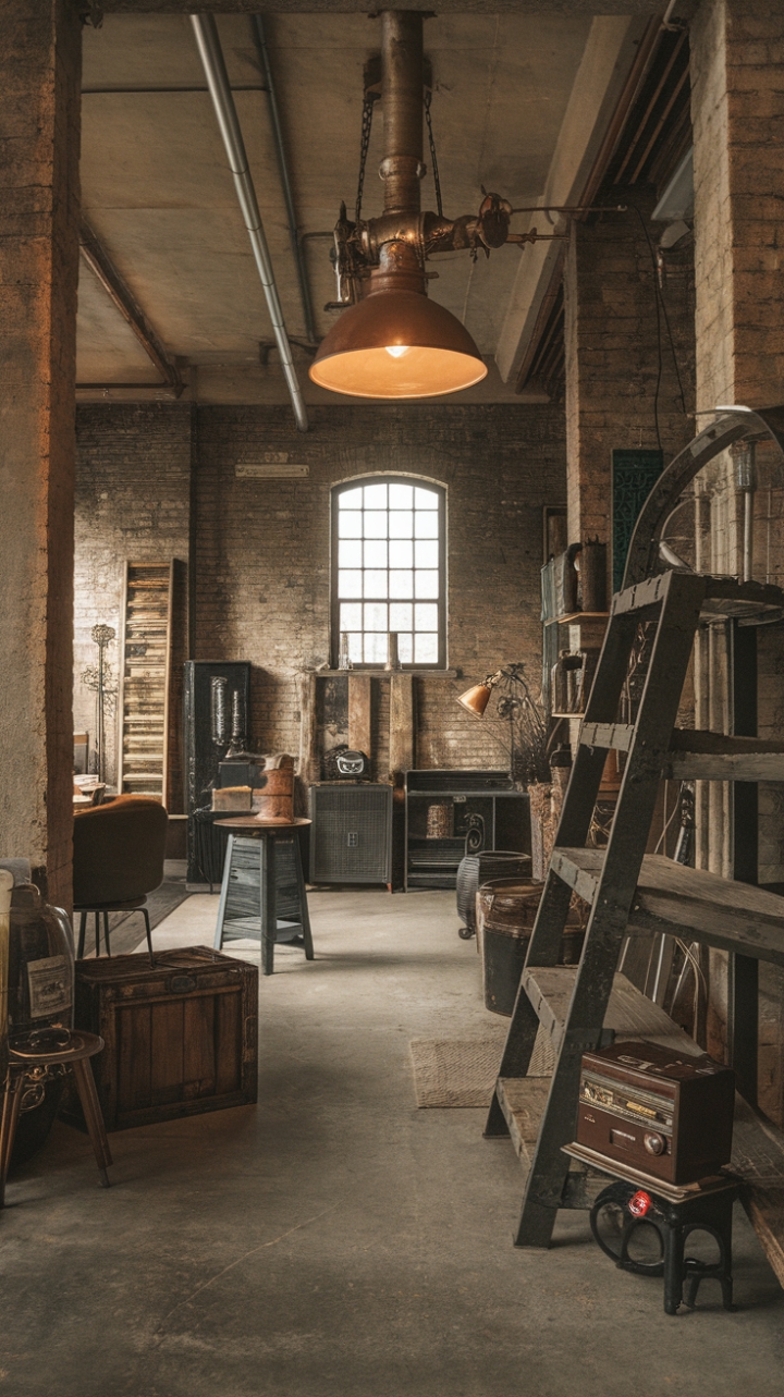 Raw industrial grit meets refined rustic charm. Reclaimed materials and vintage treasures create a captivating contrast against exposed brick walls and a concrete floor. A single, high window lets in natural light, illuminating the unique character of this factory-inspired space.