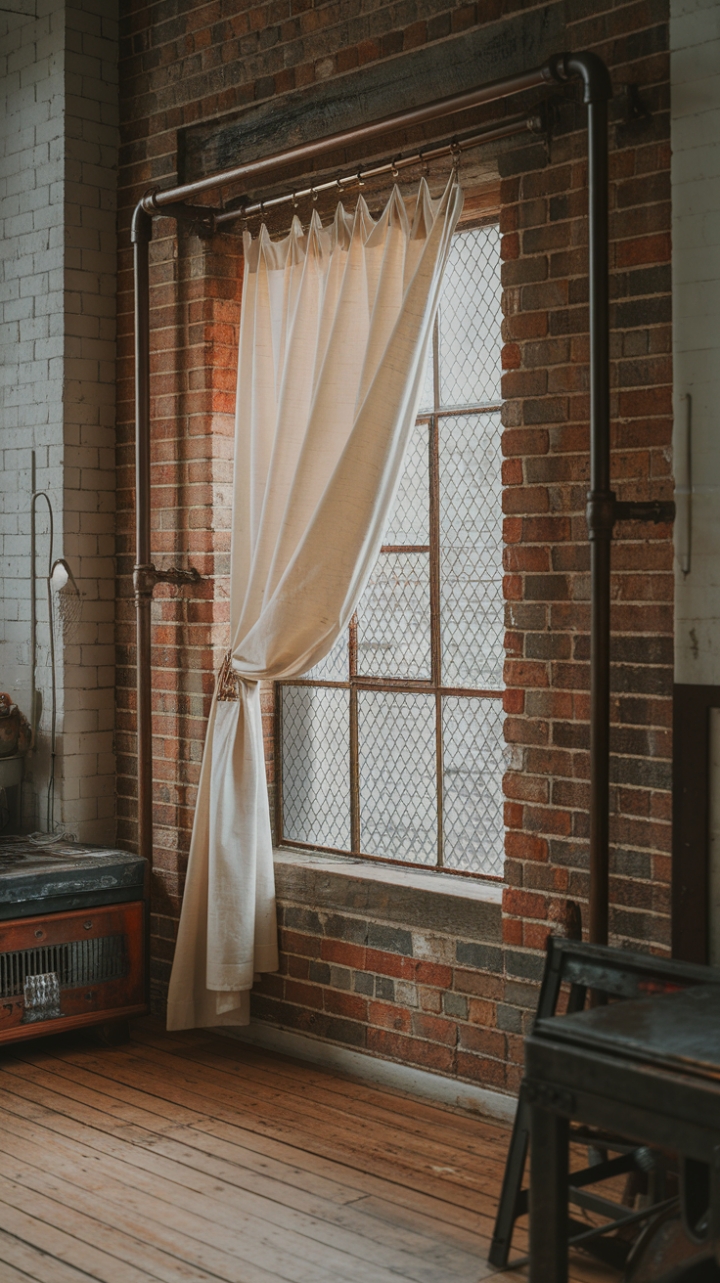 Ready to inject raw, urban cool into your space? This vintage steel pipe curtain rod, a testament to industrial chic, anchors crisp white curtains against a backdrop of exposed brick and reclaimed wood. The perfect blend of rugged texture and refined simplicity.