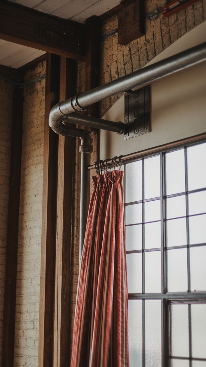 Raw industrial style meets vintage charm. This steel pipe curtain rod, a testament to rugged elegance, anchors a window dressed in bold red and white stripes against a backdrop of exposed brick and aged wood beams. The perfect blend of textures and patterns for a space brimming with character.