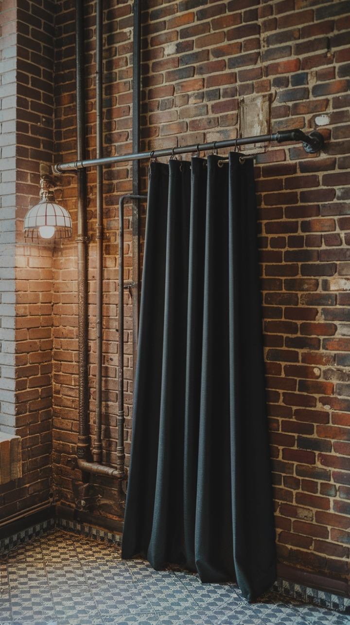 Imagine: heavy black drapes cascading from a reclaimed metal pipe curtain rod, mounted directly onto a brick wall, punctuated by the gleam of exposed industrial piping. This isn't just a window treatment; it's a statement of bold, urban style, perfectly complemented by patterned flooring and a touch of ambient lighting.