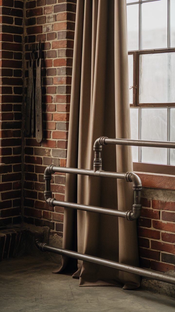 Unrefined elegance redefined. This isn't just a curtain rod; it's a statement. A sturdy steel pipe, mounted on a textured brick wall, supports weighty beige curtains, creating a juxtaposition of textures and styles that's both unexpected and utterly captivating. The tools hanging nearby hint at a creative spirit at work in this beautifully raw space.