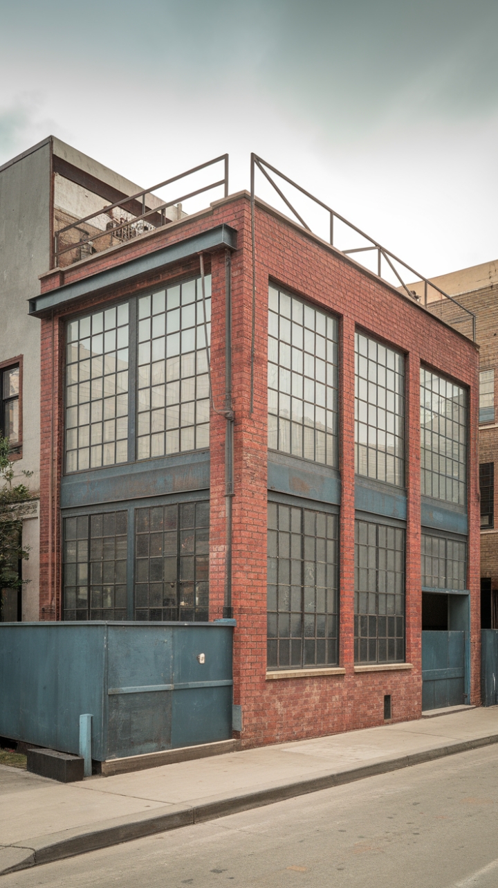 Raw urban grit meets refined industrial chic. This brick beauty, with its exposed structural elements and expansive windows, commands attention in its concrete jungle setting. The minimalist design speaks volumes, a testament to modern living in a bold, architectural statement.