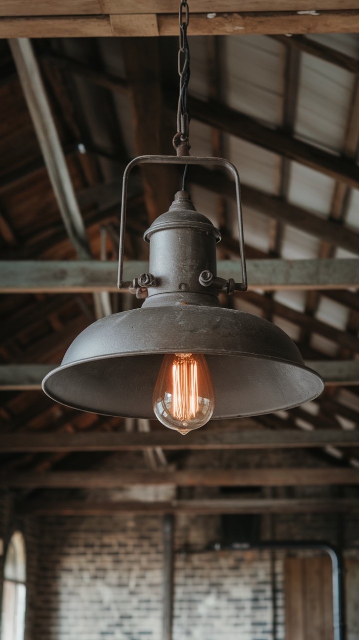 A symphony of textures and tones: worn brick, aged wood, and the stark simplicity of a vintage industrial pendant light. This space whispers stories of history and craftsmanship, a testament to the beauty of raw, unadorned design.
