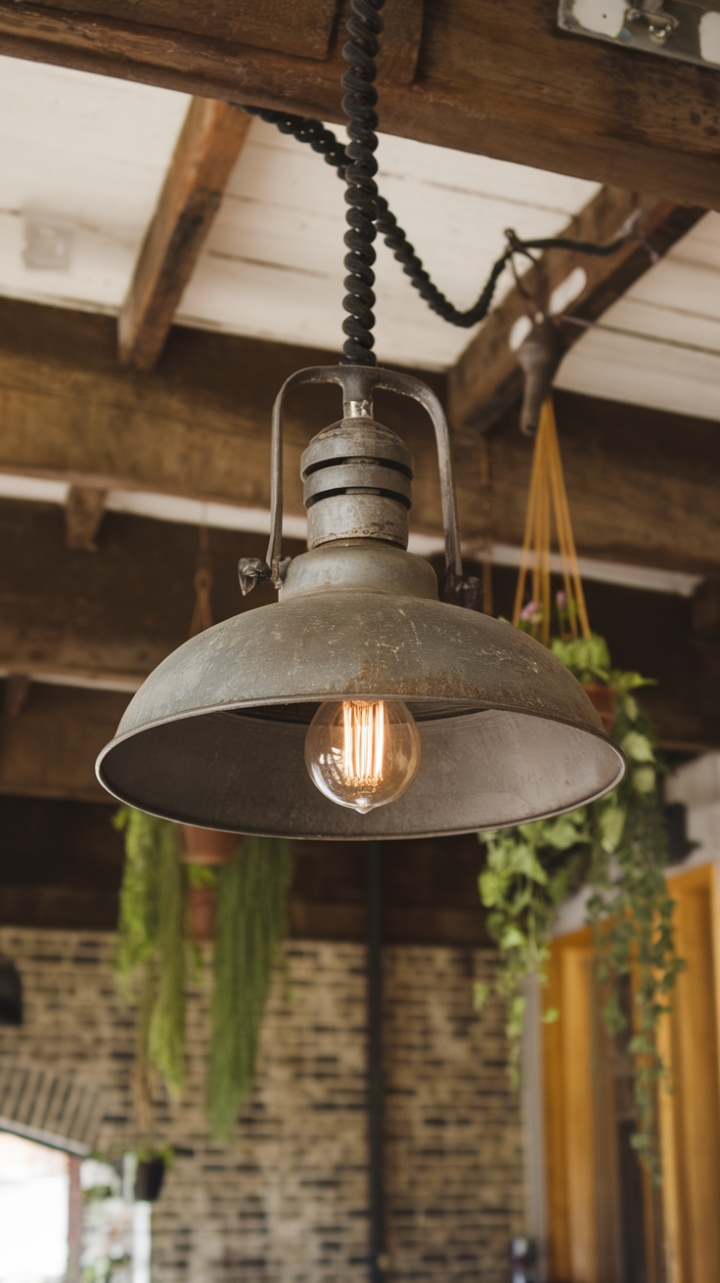 Raw industrial style meets rustic charm. This striking pendant light, with its aged metal and bold exposed bulb, hangs dramatically from a thick cord, a captivating focal point against the textured brick and wood. The hanging plants add a touch of organic softness, completing this effortlessly cool look.