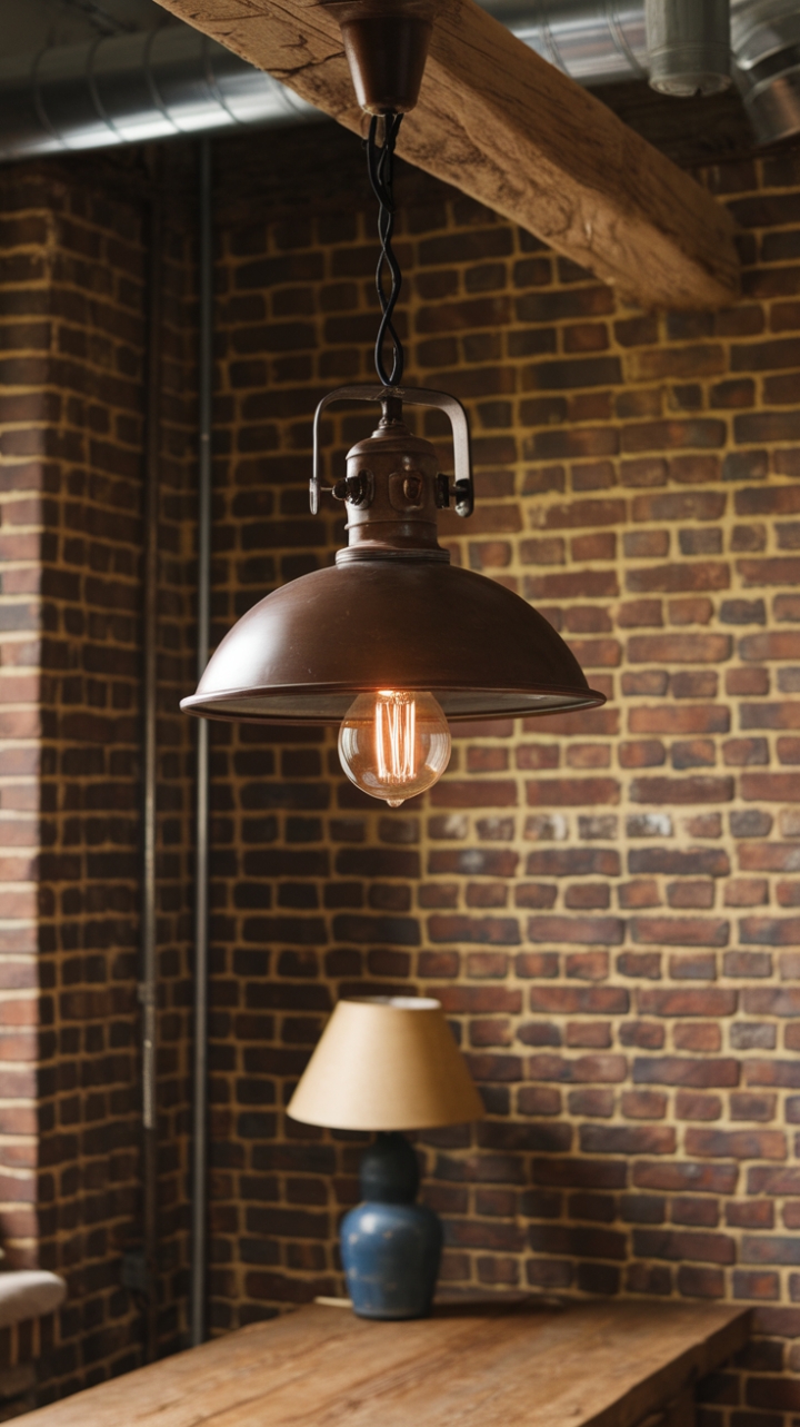 Rustic charm meets industrial edge in this captivating scene. A vintage pendant lamp, its exposed bulb a warm beacon, hangs from a weathered wooden beam, casting a soft glow on a rustic wooden table below. The exposed brick wall and industrial pipes add a layer of gritty texture, creating a space that's both inviting and undeniably cool.