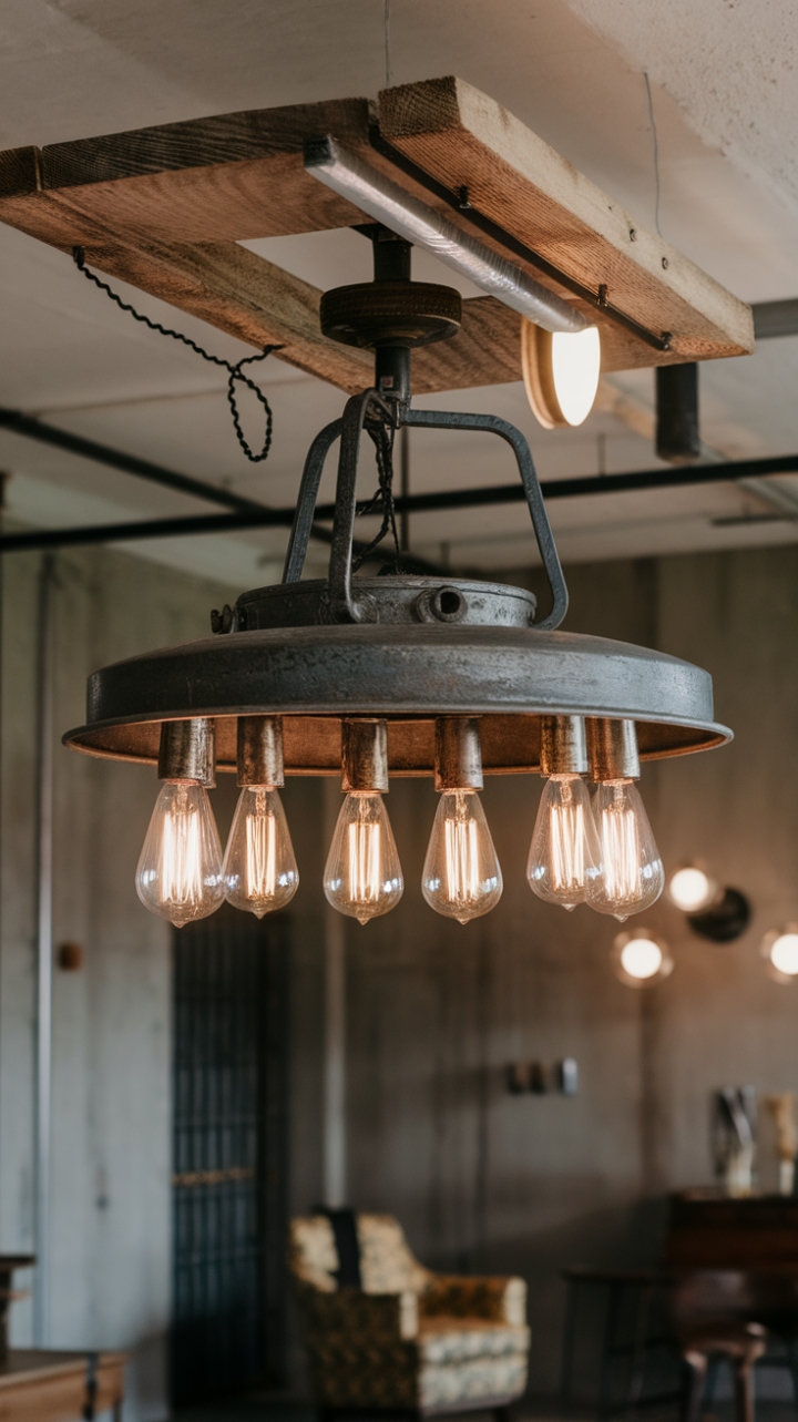 Imagine this stunning lighting installation anchoring your dining area or kitchen island. The interplay of textures—weathered metal, rich wood, and smooth concrete—creates a captivating focal point, promising a unique and unforgettable ambiance. The multiple light bulbs offer adjustable brightness, perfect for setting the mood from day to night.