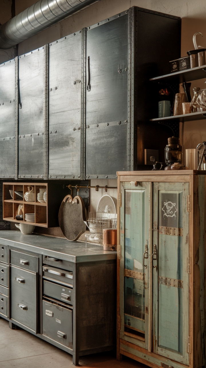 Imagine yourself in this captivating kitchen: the warmth of aged wood contrasts beautifully with the cool, clean lines of the metal cabinets, a symphony of textures and tones that define urban chic. Vintage details add personality, while the factory-style design ensures a space that's as functional as it is aesthetically stunning.