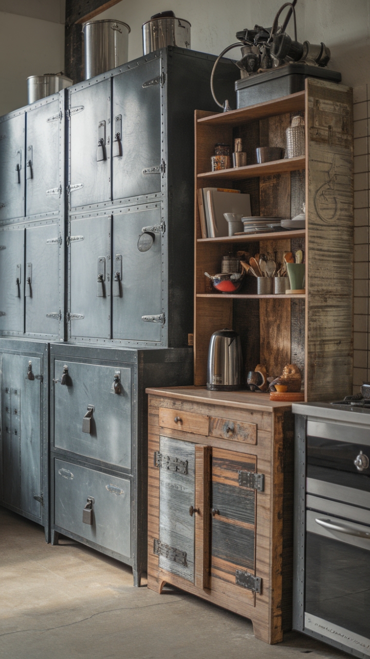 Ready to fall head-over-heels for this kitchen's raw, romantic charm? A symphony of rustic reclaimed wood and industrial metal cabinets creates a space that's both lived-in and utterly captivating. Loft-style storage maximizes space, while the concrete floor adds an undeniable urban edge. The perfect blend of vintage soul and modern functionality.
