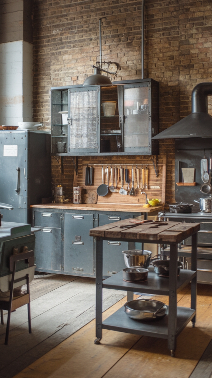 A captivating blend of vintage and industrial design defines this dream kitchen. Steel and reclaimed wood unite in a stunning display of contrasting textures, highlighted by exposed brick walls that whisper tales of the past. The rustic wooden island, a focal point of both beauty and functionality, anchors the space with effortless style.