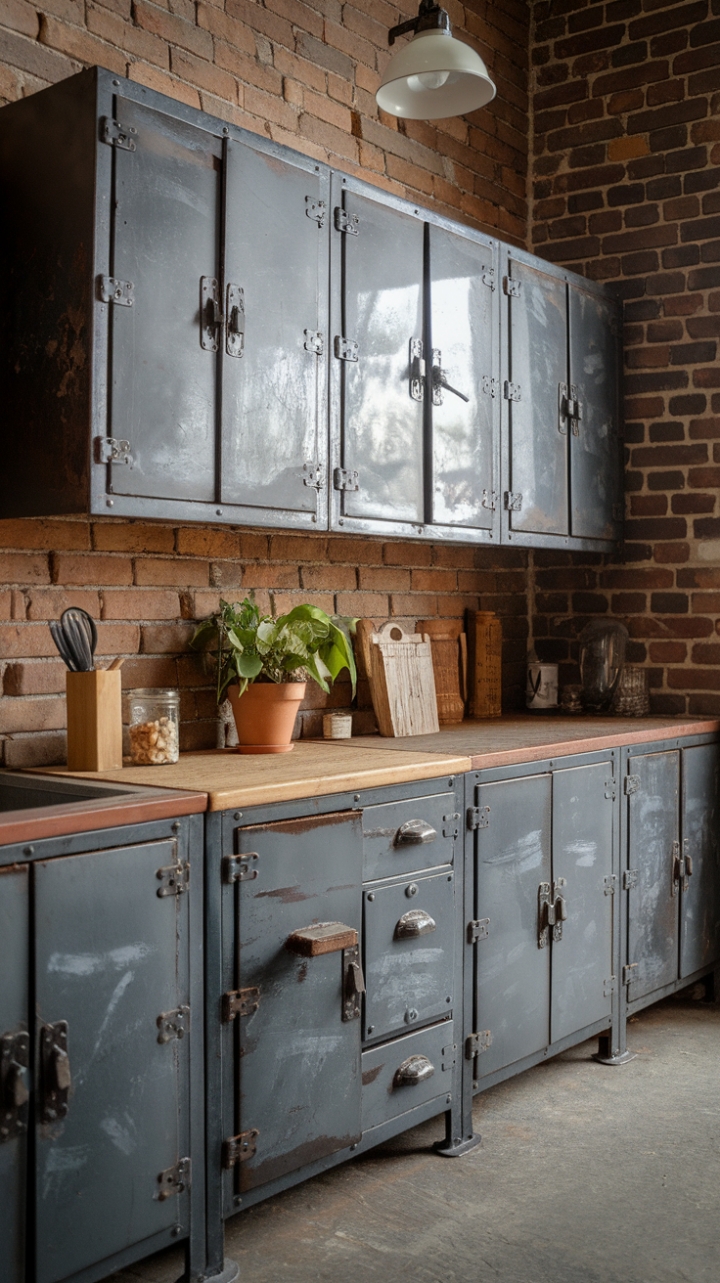 Timeless industrial style meets rustic charm in this breathtaking kitchen. Weathered steel cabinets, a reclaimed wood countertop, and a backdrop of exposed brick create a space that's both strikingly beautiful and wonderfully lived-in. The carefully curated details, from the potted plant to the wooden utensil holder, add a touch of personality to this captivating design.