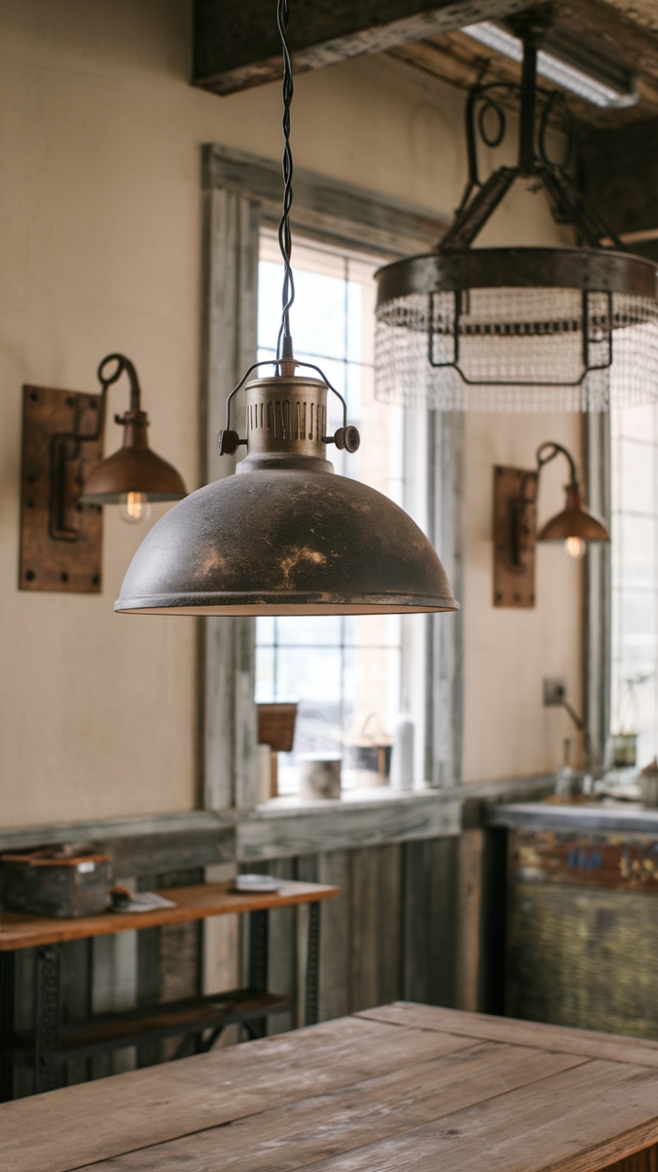 Imagine the stories whispered by this room's aged metal and wood. A farmhouse pendant light, its distressed finish a testament to its past, hangs above a sturdy wooden table, bathed in the soft light of an antique industrial chandelier. The walls, adorned with rugged metal sconces, echo the room's rich history, creating a space both inviting and undeniably stylish.