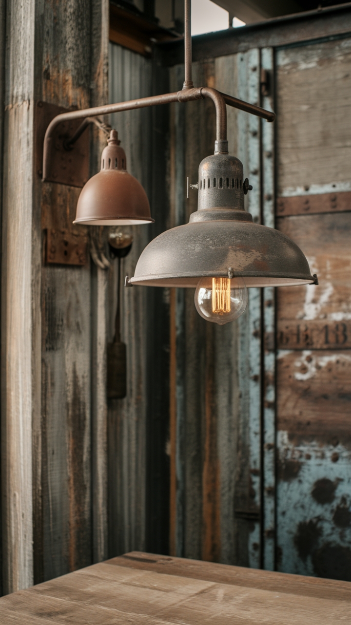 Unleash your inner industrialist with this striking lighting design. A blend of vintage and farmhouse styles, the distressed metal shades and rugged sconce create a dramatic focal point above a rustic wooden table. The background's aged wood and metal elements complete the look, transforming any space into a haven of raw, textured beauty.
