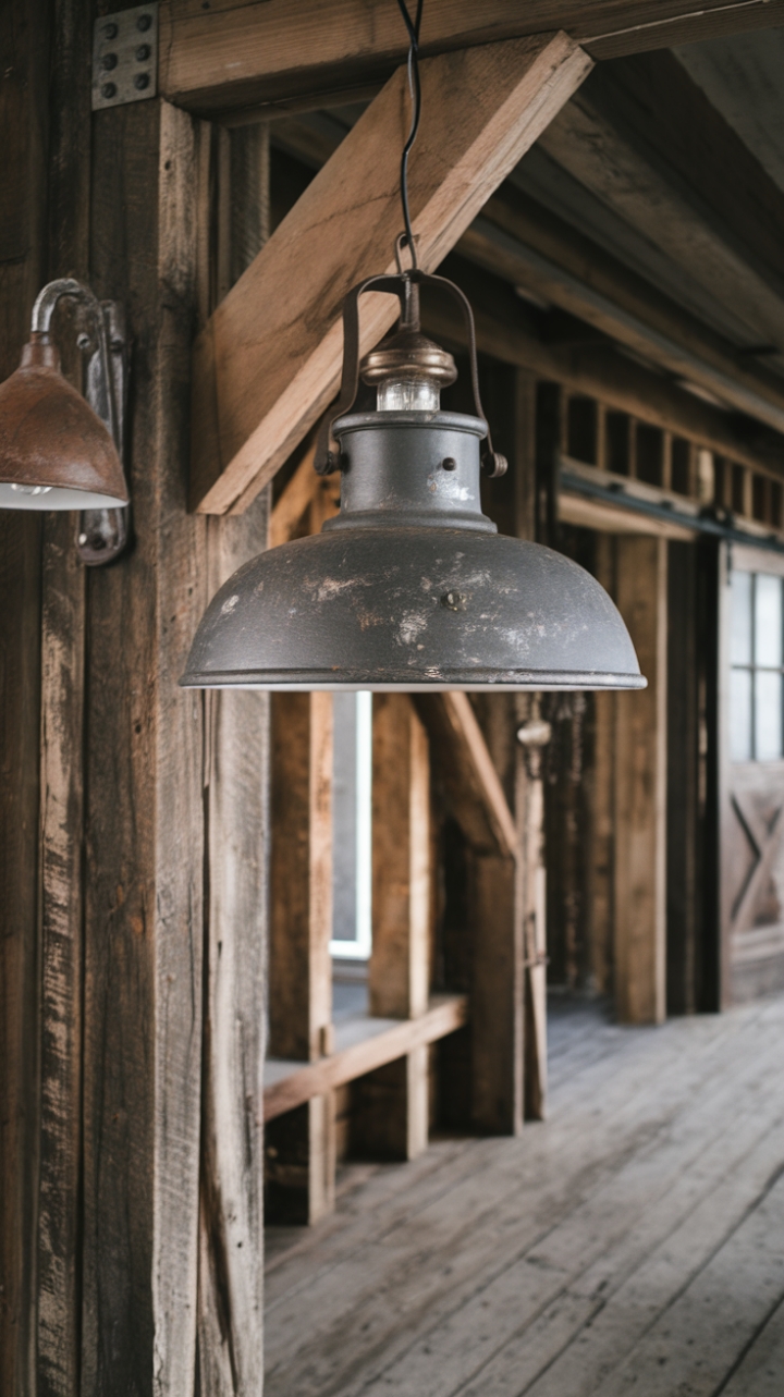 Raw texture meets refined style in this rustic-industrial haven. A vintage pendant light, its distressed metal shade a testament to time, hangs from a weathered beam, casting a warm glow on the reclaimed wood floor. The accompanying wall sconce adds a touch of rugged charm, completing the space's captivating blend of old-world grit and modern sophistication.