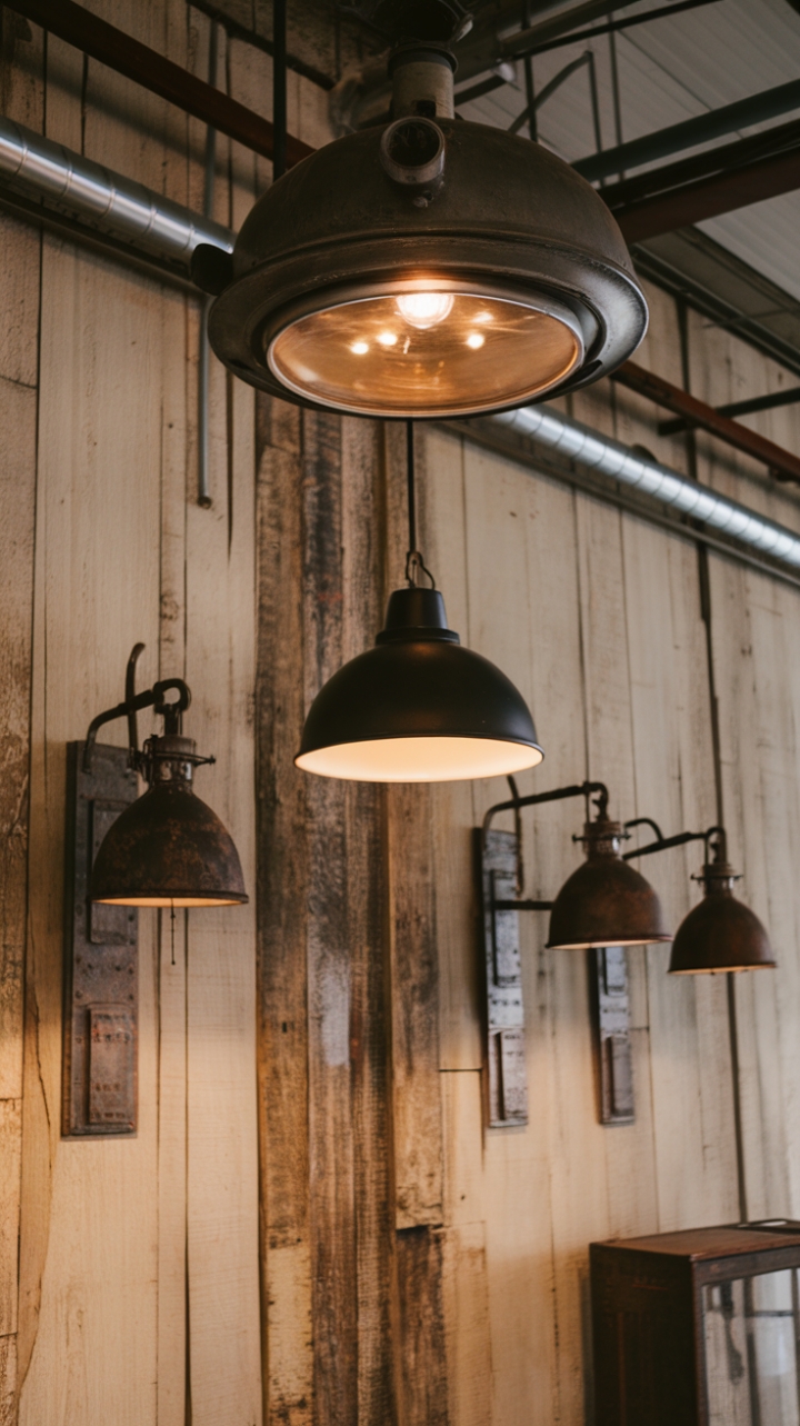 Raw, reclaimed, and relentlessly stylish. This warehouse-chic lighting installation marries vintage industrial pendants with farmhouse fixtures, all set against a backdrop of distressed wood and rugged metal accents for an undeniably captivating antique industrial aesthetic.