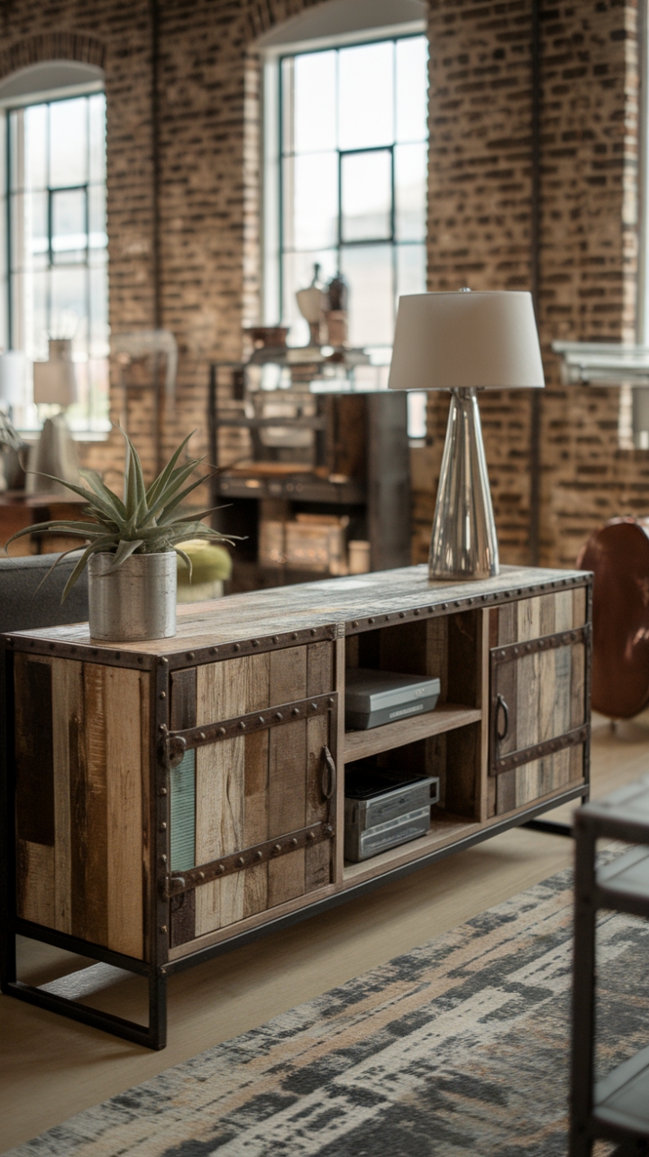 Love the look of urban industrial design? This reclaimed wood media console, paired with a vintage TV stand, is a showstopper. The metal frame adds a touch of modern edge, while the rustic wood brings warmth and character to the space. Styled with a simple lamp and a vibrant plant, this piece is the perfect blend of form and function, ready to anchor your living room in style.