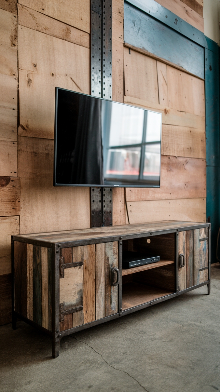 Raw, reclaimed wood meets sleek metal in this urban industrial masterpiece. A vintage TV stand, boasting a rustic media console and a striking metal frame, anchors the space with its rugged charm. The concrete floor and exposed nails on the wall complete the look, a testament to the beauty of imperfection.