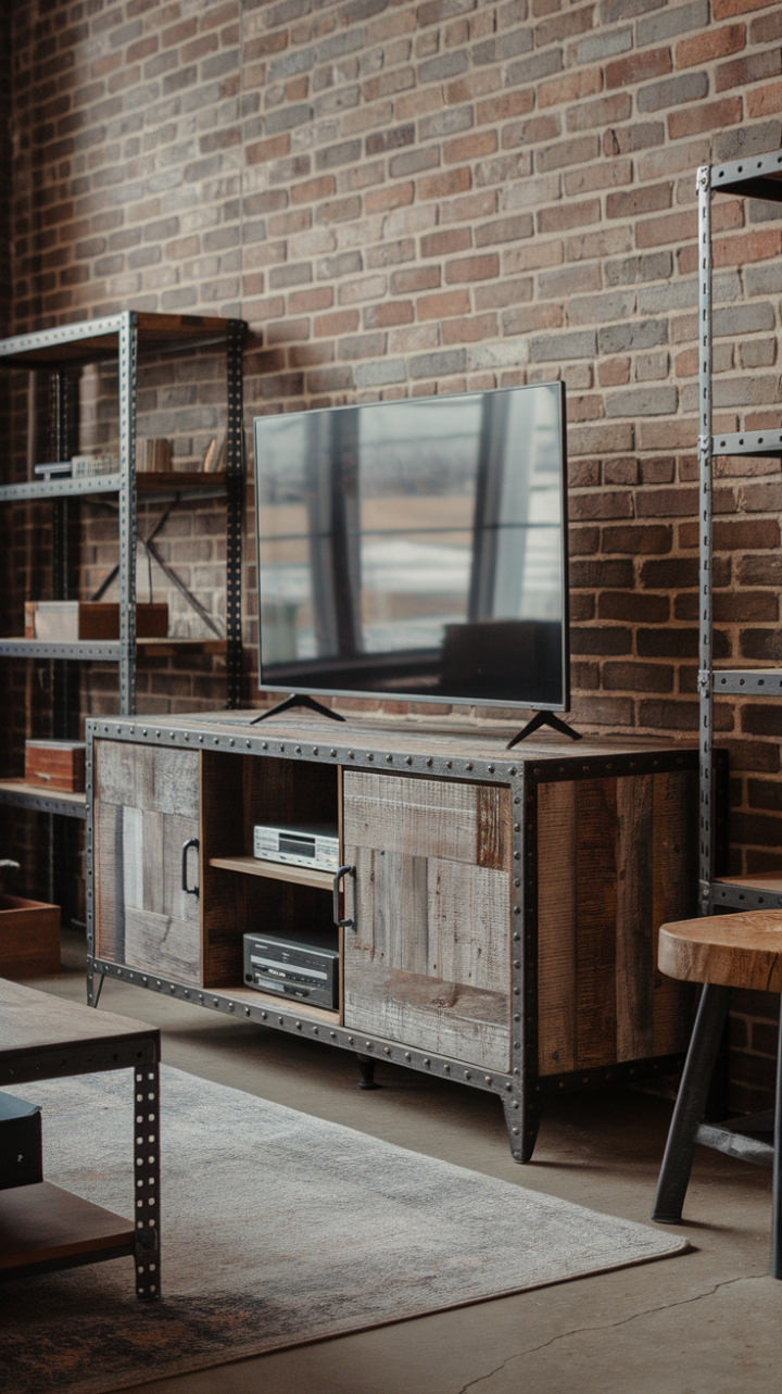 Ready to infuse your space with raw, industrial charm? This rustic media console, crafted from reclaimed wood and accented with a robust metal frame, anchors a loft-style haven. The vintage TV stand perfectly complements the exposed brick walls and urban industrial furniture, creating a space that's both lived-in and luxuriously stylish. The rich textures and warm tones invite you to relax and unwind.