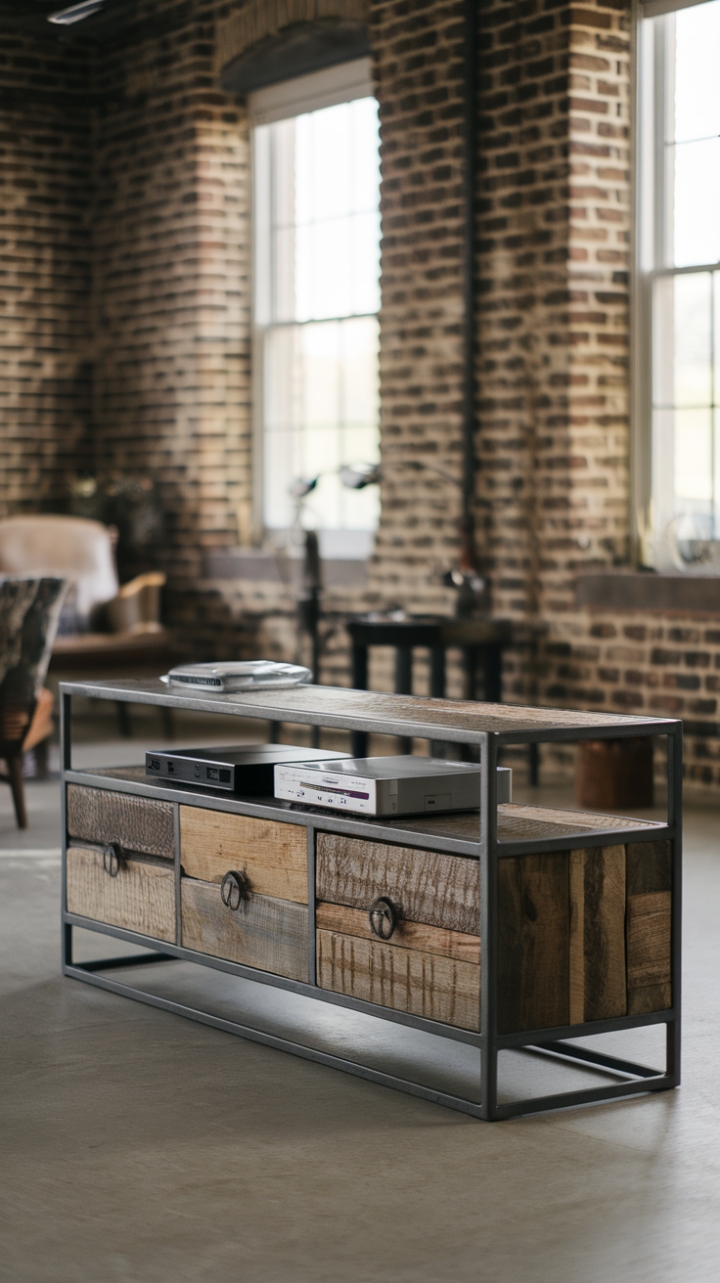 Craving that effortlessly cool, industrial vibe? This reclaimed wood and metal media console is your answer. Its rustic charm perfectly complements the exposed brick backdrop, creating a space that's both stylish and lived-in. The ultimate statement piece for your urban sanctuary.