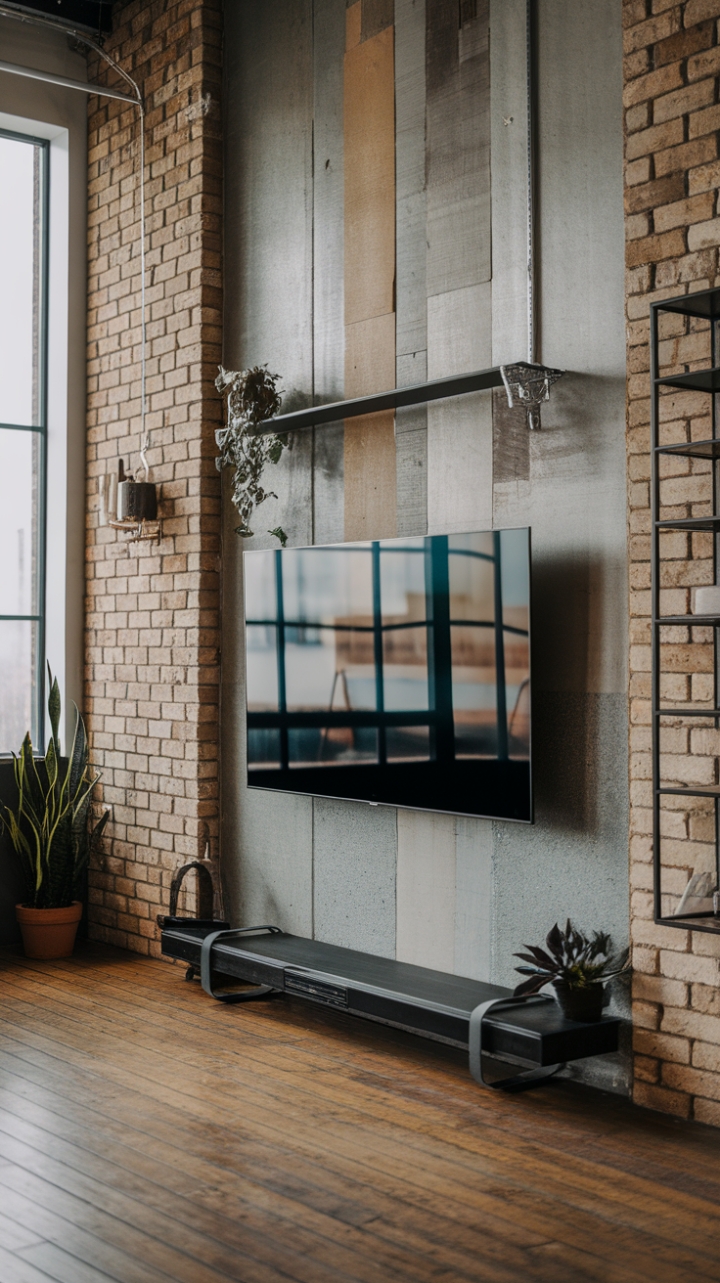 Unveiling urban chic: This loft-style living room masterfully blends raw industrial textures—exposed brick, concrete, and warm wood—with the sleek minimalism of a contemporary TV setup. The result? A space that's both strikingly modern and invitingly comfortable. The perfect balance of form and function.