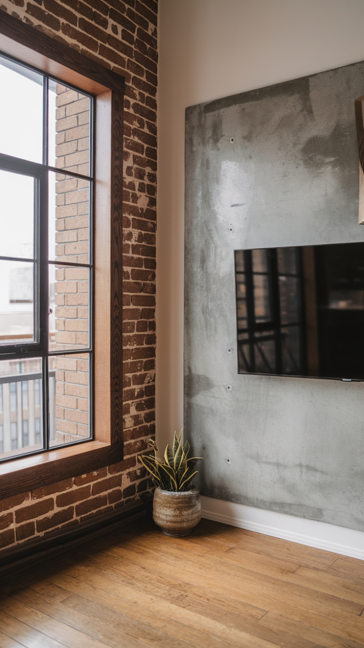 Imagine unwinding in this stunning loft living room. The juxtaposition of a sleek, minimalist TV against the backdrop of a rustic, exposed brick wall is simply breathtaking. Natural light streams in through the large wooden-framed window, illuminating the rich wood floors and creating a space that's both stylish and incredibly comfortable.