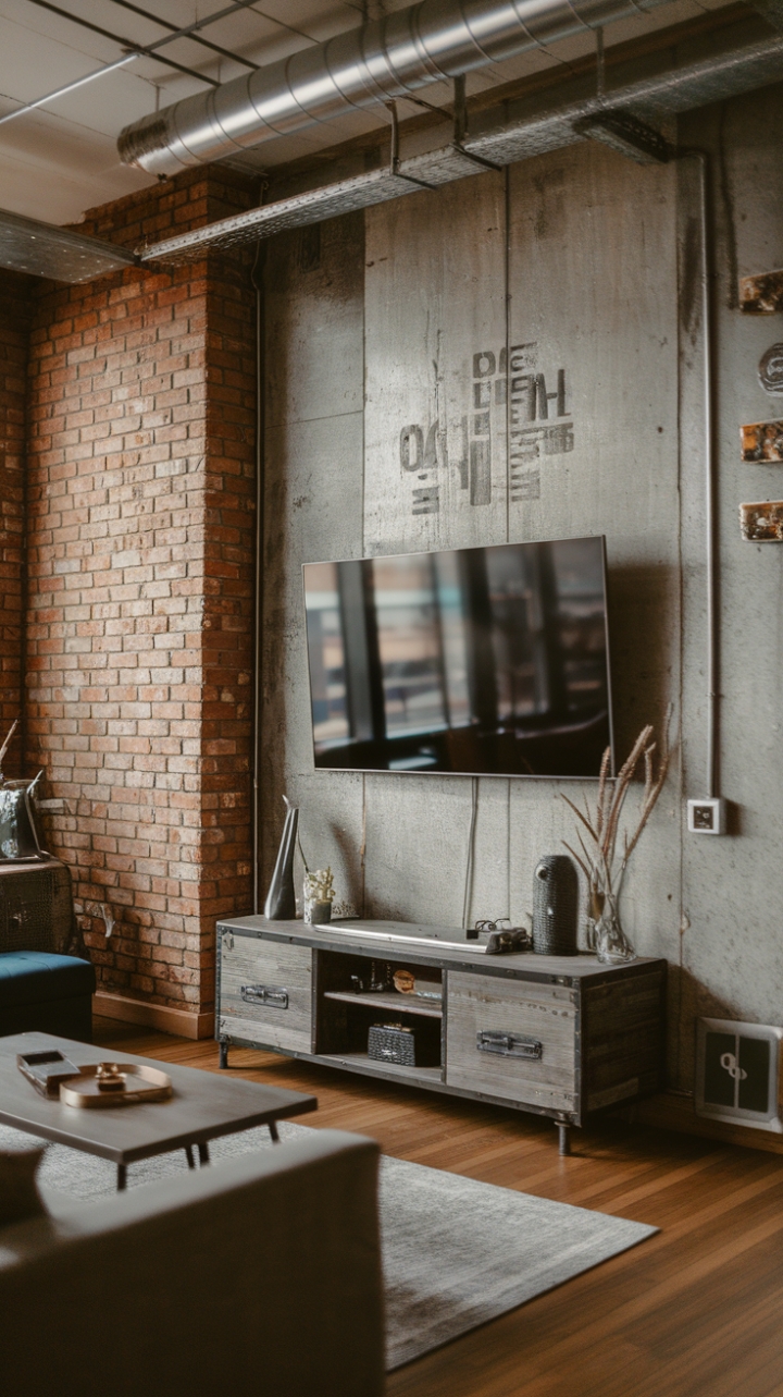 Concrete canyons meet cozy comfort. This industrial-style living room masterfully blends raw textures—exposed brick, concrete, and warm wood flooring—with a minimalist furniture layout, resulting in a space that's both strikingly modern and surprisingly inviting.