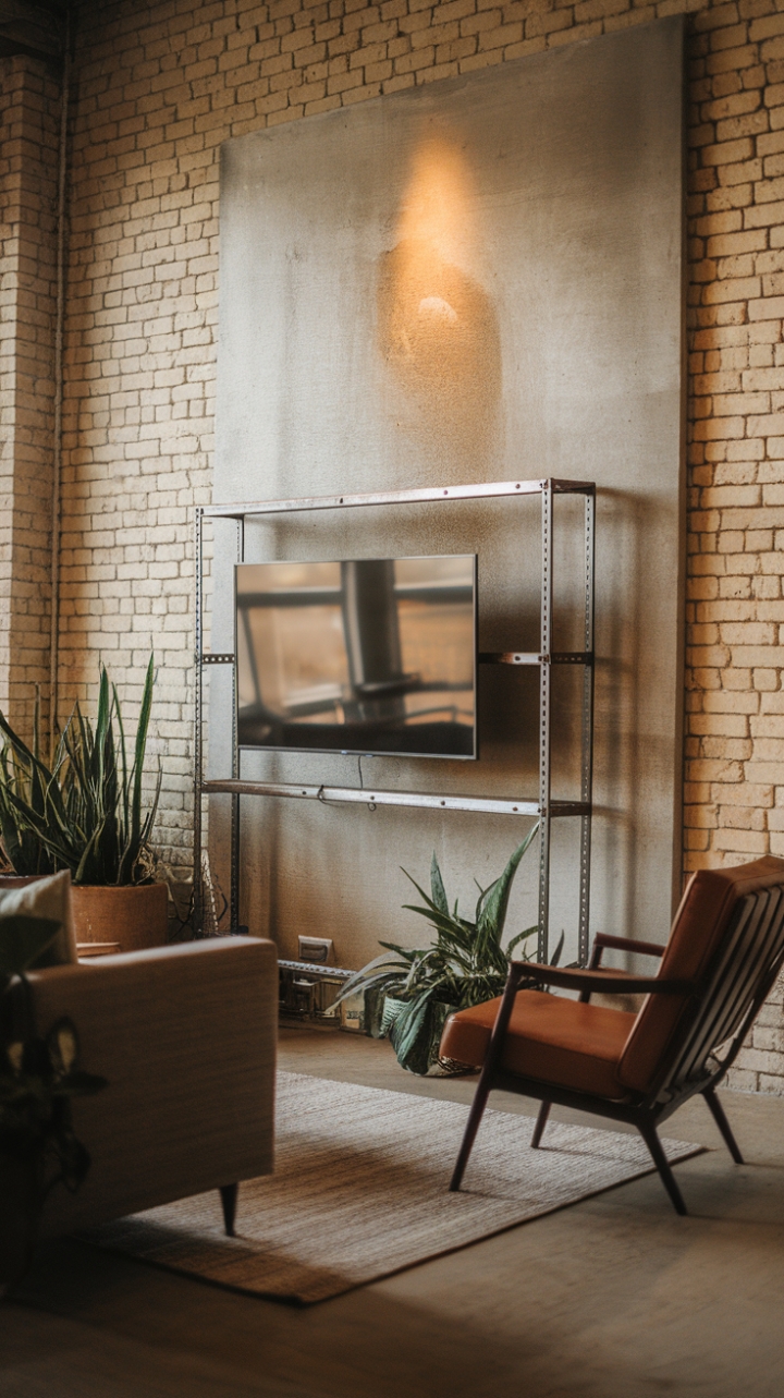 Imagine unwinding in this effortlessly chic industrial loft. Exposed brick whispers stories of the past, while modern comforts—a cozy sofa, a statement chair, and thoughtfully chosen plants—create a surprisingly inviting atmosphere. The focal point? A sleek TV mounted on a raw metal frame, perfectly complementing the textured concrete wall art. Pure, sophisticated style.