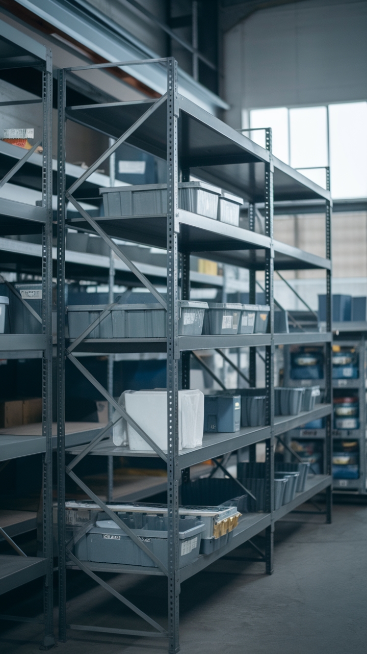 Raw, refined, and resolutely industrial: This steel shelving unit isn't just storage; it's a statement. Its robust form, brimming with carefully curated containers and boxes, speaks to a design aesthetic that values function as much as form, perfectly at home in a warehouse conversion or loft space. The natural light filtering through the window adds a touch of unexpected softness to the otherwise stark setting.