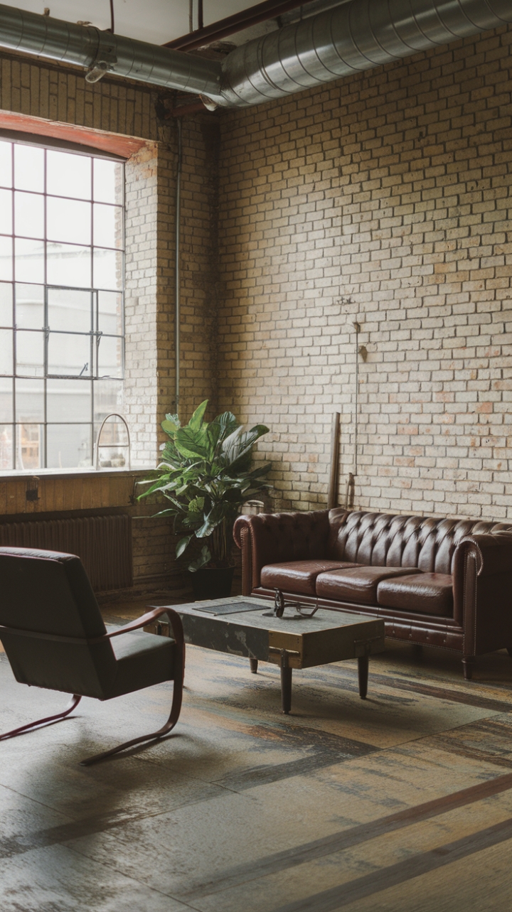 This industrial chic haven is a masterclass in minimalist design. Exposed brick walls provide a dramatic backdrop to vintage finds and modern metal accents, creating a sophisticated yet comfortably lived-in atmosphere. The raw, unfinished floor adds to the space's authentic charm, perfectly complemented by the subtle touch of nature from the potted plant.