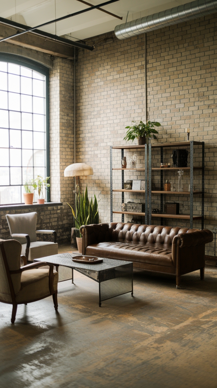 Ready to fall for raw, urban cool? Exposed brick whispers stories of the city, while vintage finds and sleek metal accents create a living room that's both lived-in and utterly chic. The minimalist design lets the textures—from distressed flooring to plush velvet—take center stage, proving that industrial style can be surprisingly warm and inviting.