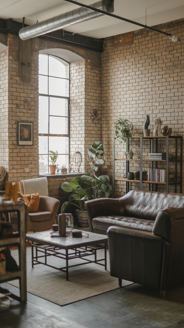 Ready to fall for raw, urban charm? This industrial-chic loft marries exposed brick and vintage finds with a minimalist touch, creating a space that's both lived-in and utterly captivating. Distressed finishes and metal accents add character, while pops of greenery soften the raw materials.