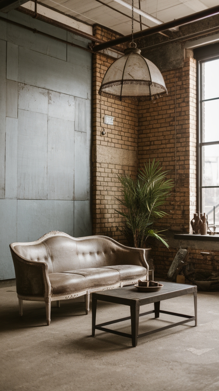 Ready to fall for raw, urban charm? This industrial-chic loft boasts exposed brick, a concrete canvas, and vintage finds that sing. A distressed sofa, a sculptural metal coffee table, and a playfully frayed lampshade create a space that's both lived-in and utterly captivating. The perfect blend of grit and grace.