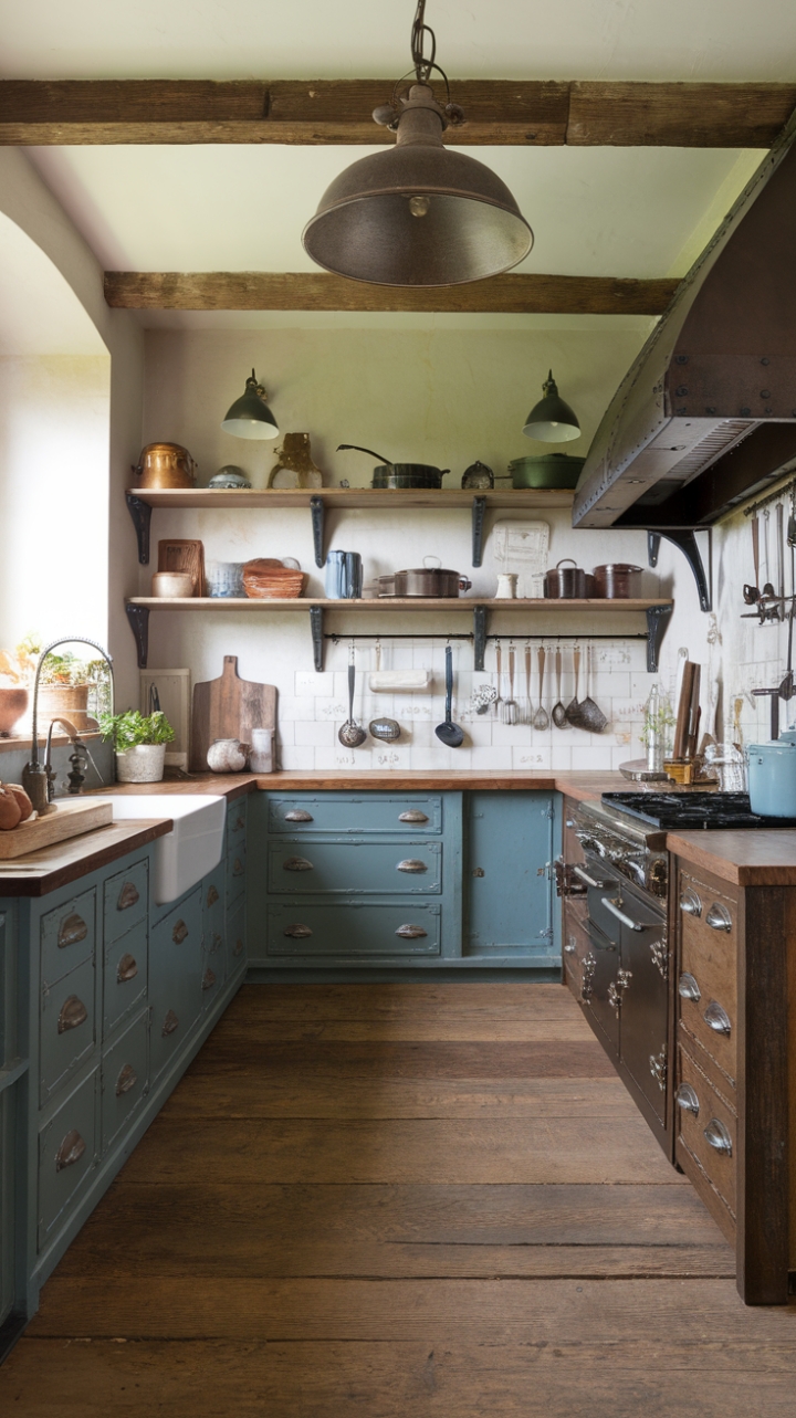 Ready to fall in love with a kitchen that seamlessly blends rustic charm and industrial edge? Reclaimed wood whispers stories of the past, while exposed beams and vintage metal accents add a touch of rugged refinement. Open shelving displays a curated collection of cookware and decorative treasures, all bathed in the warm glow of a magnificent vintage light fixture. This isn't just a kitchen; it's a statement.
