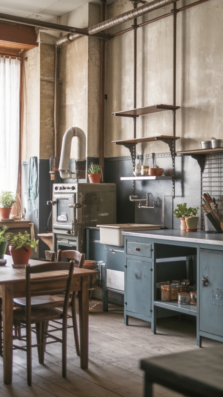Imagine cozying up in this rustic-industrial dream kitchen! The distressed finishes and vintage oven create a sense of nostalgic warmth, while the metal accents and wood table add a touch of modern grit. Sunlight streams through the window, illuminating the charming details and creating the perfect atmosphere for morning coffee or a family dinner. It's a space where comfort and style meet in perfect harmony.