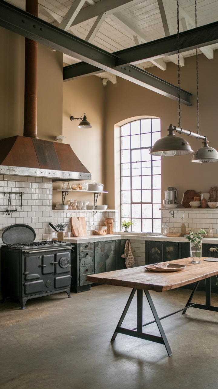 Ready to fall in love with a kitchen that seamlessly blends rustic charm and industrial edge? A vintage cast-iron stove anchors this airy space, its warmth perfectly complemented by a rustic wooden table and sleek metal accents. Exposed beams and a high ceiling add architectural drama, while the large window floods the concrete floor with natural light.