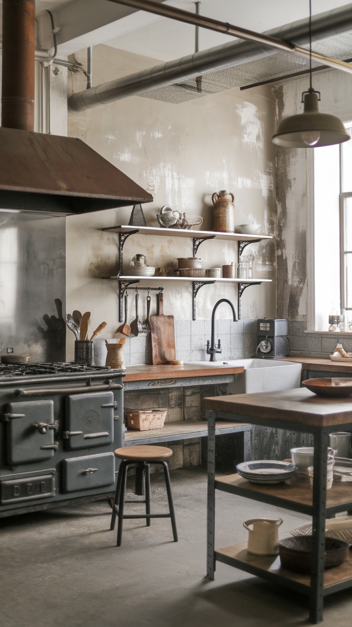 Ready to fall in love with a kitchen that seamlessly blends rustic charm and industrial edge? A reclaimed wood countertop anchors the space, its warmth a perfect counterpoint to the cool concrete floor and distressed walls. Vintage finds, like a charming ceramic jug, add character to open shelving, while a timeworn stove whispers tales of culinary adventures past. Metal accents, from the hanging light to a sturdy stool, complete the look, creating a kitchen that's both beautifully lived-in and utterly captivating.
