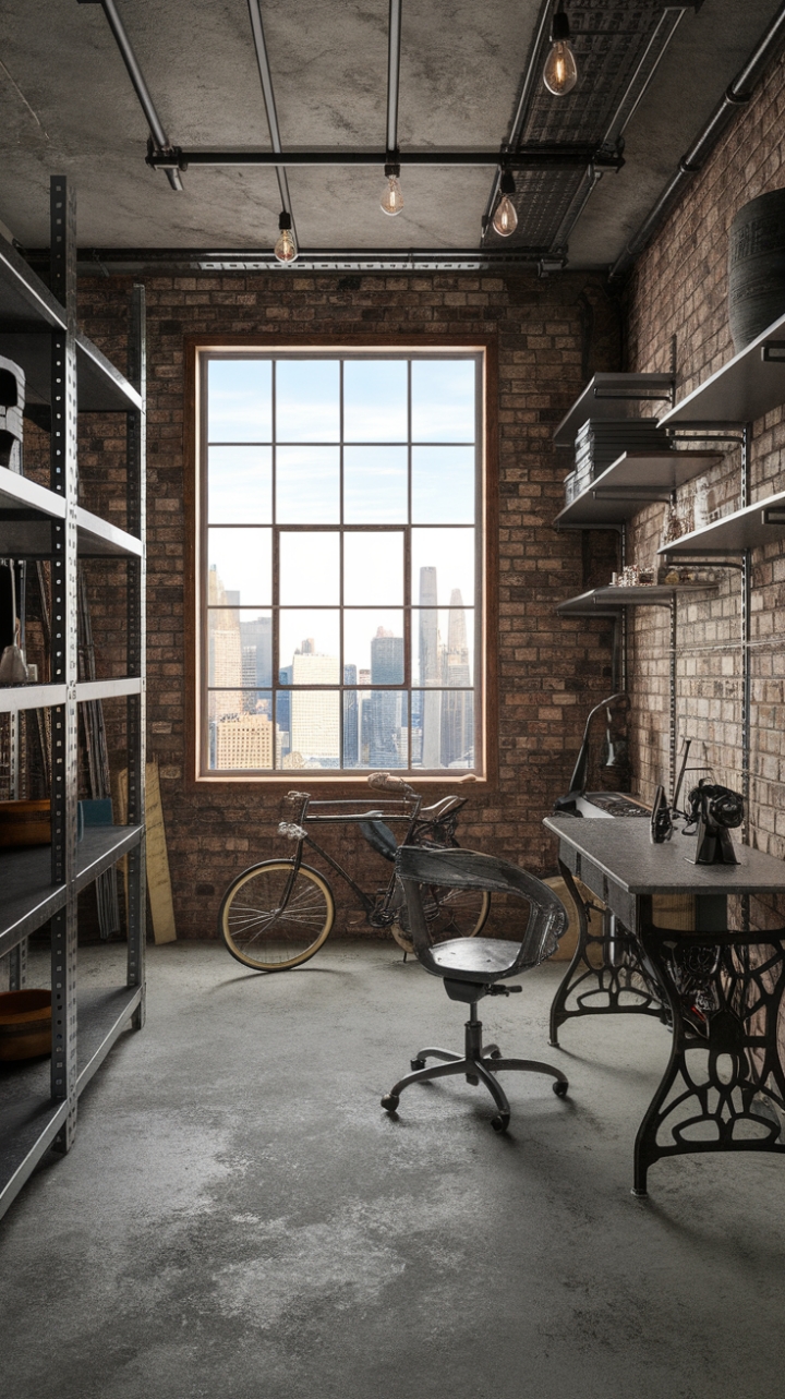 Ready to trade spreadsheets for skyline views? This urban man cave blends raw industrial grit with rustic charm. Exposed brick, a concrete floor, and vintage finds like a sewing machine and bicycle create a space that's both rugged and refined. The city lights twinkling through the large window add the perfect touch of sophisticated cool.