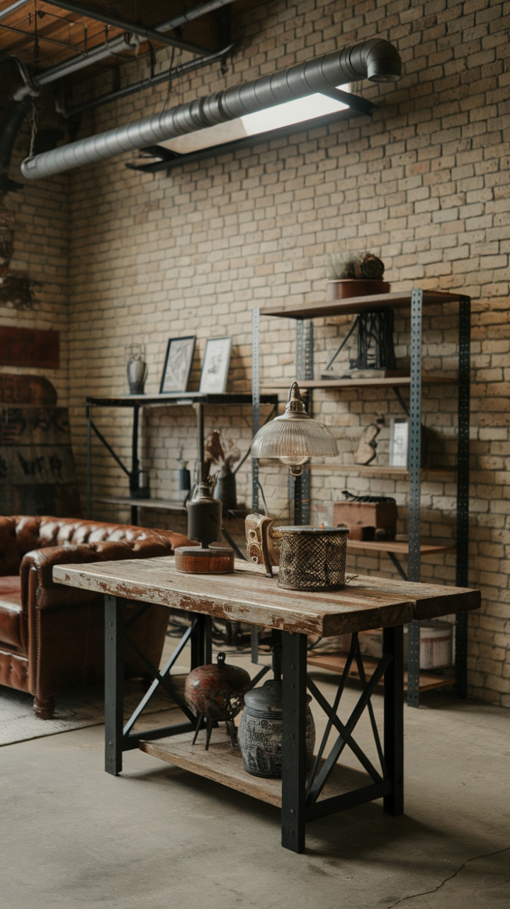 Raw, refined, and undeniably masculine, this industrial man cave blends rustic charm with urban grit. Exposed brick walls, a distressed wood table, and a vintage leather couch create a space that's both rugged and inviting. The pipe lighting fixture adds an edgy touch, while carefully curated details hint at a life well-lived.