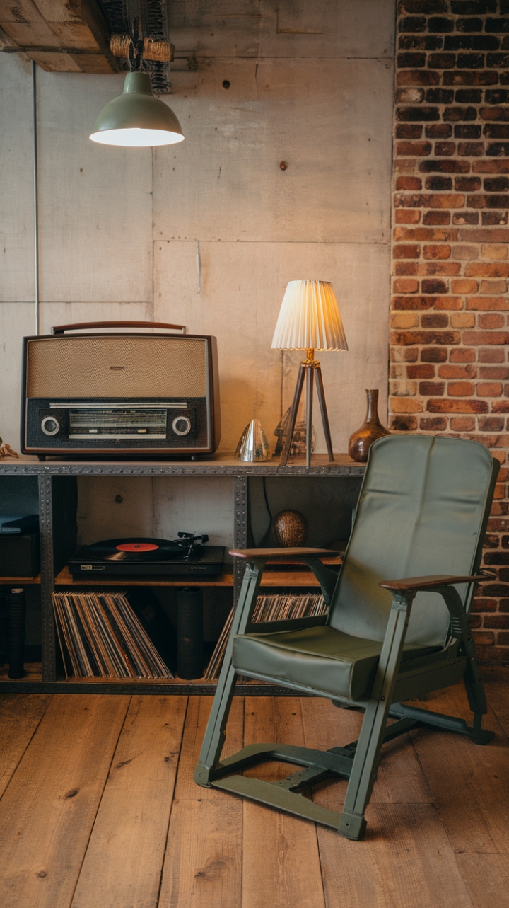Escape the everyday in this meticulously curated industrial haven. A vintage radio hums alongside a crackling record player, casting a warm glow on the exposed brick walls and reclaimed wood floors. The carefully chosen details, from the army surplus chair to the thoughtfully placed décor, create a space that's both masculine and inviting.