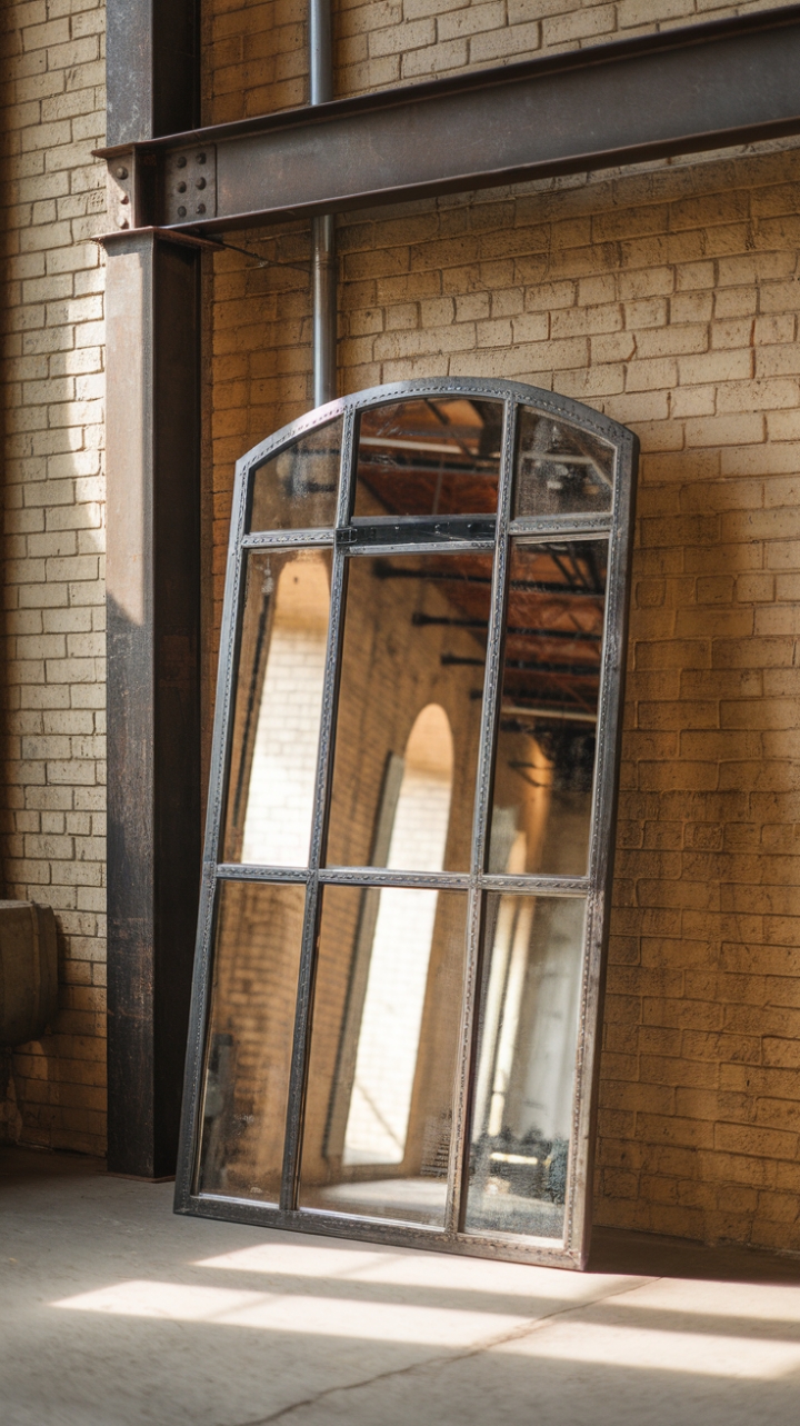Reclaimed history reflects in this vintage industrial mirror, its distressed finish a testament to time spent in a space as captivating as this loft. The raw brick and steel beams provide the perfect backdrop for its minimalist design, a harmonious blend of rustic charm and modern simplicity. Sunlight streams in, illuminating the mirror's aged beauty and the character of its surroundings.